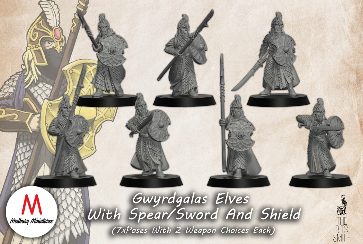 Gwyrdgalas mit Speeren, Schwertern und Schild
